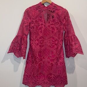 PERSEVERANCE LONDON fuschia lace Anaglypta Bell-Sleeved Mini Dress 8